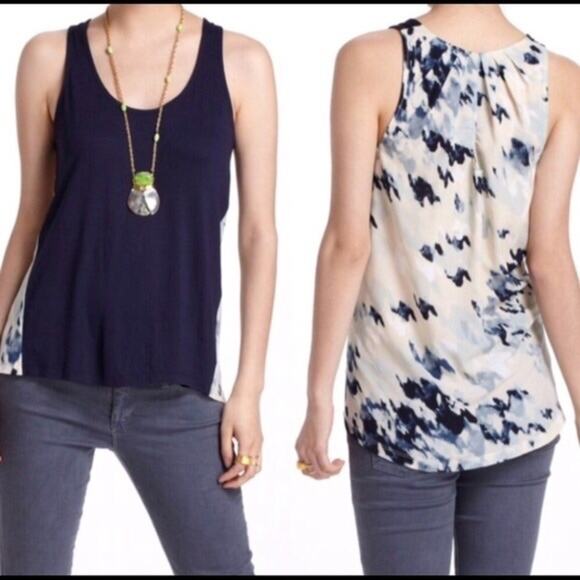 Anthropologie Deletta Mixed Media Blue Watercolor Keyhole Tank Top Sz.L - Picture 1 of 9